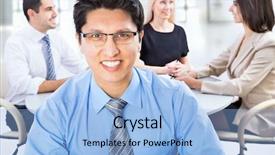  Presentation with conference - Cool new presentation with education leadership - happy business man with colleagues backdrop and a light blue colored foreground