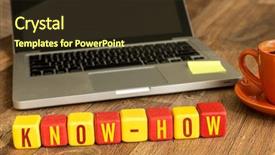  Presentation with cube - Colorful presentation enhanced with education leadership block - know-how written on a wooden backdrop and a wine colored foreground