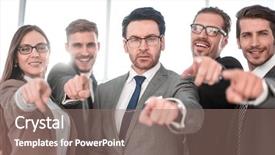  Presentation with team - PPT layouts enhanced with education leadership issues - smiling diverse business team pointing background and a coral colored foreground