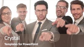  Presentation with team - PPT theme having education leadership issues - smiling diverse business team pointing background and a violet colored foreground