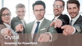  Presentation with team - PPT theme with education leadership issues - smiling diverse business team pointing background and a coral colored foreground