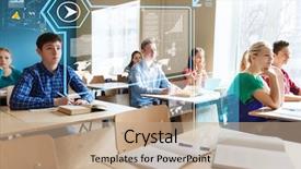  Presentation with virtual learning - Slide deck featuring education learning statistics and people background and a coral colored foreground