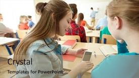  Presentation with technology learning - Colorful presentation design enhanced with education learning technology communication and people concept - student girls with smartphone at school backdrop and a coral colored foreground