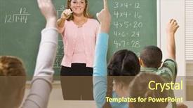  Presentation with math students - Amazing PPT layouts having education math - students answering teacher question backdrop and a tawny brown colored foreground