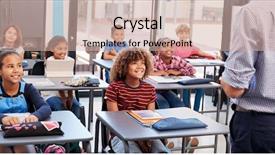  Presentation with back to school virtually - PPT layouts with classroom conversation - teacher in front of school background and a soft green colored foreground