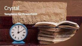  Presentation with wood board - PPT layouts with education moments - retro alarm clock and books background and a coral colored foreground