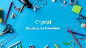  Presentation with education supplies - PPT theme having education-office-and-object-concept background and a teal colored foreground