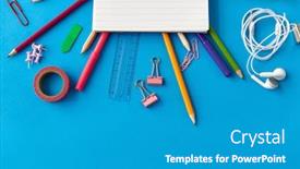  Presentation with education supplies - Audience pleasing slide deck consisting of education-office-and-object-concept backdrop and a teal colored foreground