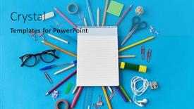  Presentation with education supplies - Slide deck enhanced with education-office-and-object-concept background and a teal colored foreground