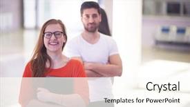  Presentation with students on campus - PPT theme featuring education orange - happy students couple standing together background and a cream colored foreground