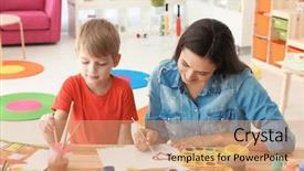  Presentation with farm to table - Slide deck with education parents growth - cute boy with mother painting background and a coral colored foreground