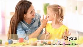  Presentation with panelist table microphones - Colorful PPT theme enhanced with education parents growth - cute girl with mother painting backdrop and a  colored foreground