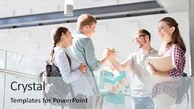  Presentation with university - Slide deck featuring education partners - happy friends greeting while standing background and a  colored foreground