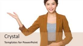  Presentation with young business woman smile show - Theme enhanced with education partners - smiling business woman presenting background and a  colored foreground