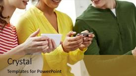  Presentation with technology students - Presentation theme with education people and technology concept - close up of smiling students with smartphones at school background and a gold colored foreground