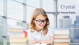  Presentation with children reading - Presentation design having education people children and school concept - happy student girl in eyeglasses reading book at school over classroom background background and a sky blue colored foreground