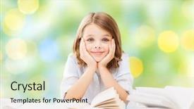  Presentation with children books - Colorful slides enhanced with education people children and school concept - little student girl sitting at table with books over green lights background backdrop and a lemonade colored foreground
