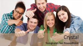  Presentation with friendship school - Beautiful presentation design featuring education people friendship and learning concept - close up of happy international high school students or classmates showing thumbs up backdrop and a coral colored foreground