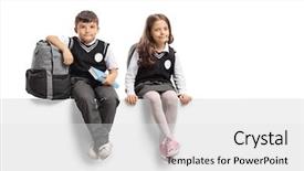  Presentation with poster - Amazing presentation design having education poster - schoolboy and a schoolgirl sitting backdrop and a white colored foreground