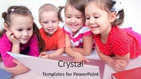  Presentation with working together - Slides having education preschool - group of four children working background and a coral colored foreground