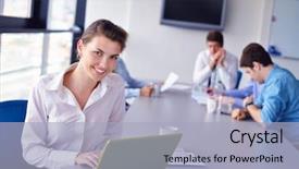  Presentation with business group meeting - Cool new presentation design with education professionals - group of happy young business backdrop and a light blue colored foreground