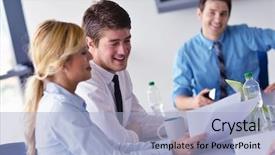  Presentation with young business people - PPT layouts consisting of education professionals - group of happy young business background and a light blue colored foreground