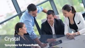  Presentation with young business people - PPT theme featuring education professionals - group of happy young business background and a ocean colored foreground