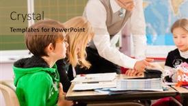  Presentation with elementary - Beautiful presentation theme featuring education-pupils-and-teacher-learning backdrop and a coral colored foreground