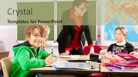 Presentation with school elementary - PPT theme featuring education-pupils-and-teacher-learning background and a mint green colored foreground