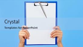  Presentation with report card - Audience pleasing presentation theme consisting of education report card - clipboard in female hands backdrop and a light blue colored foreground