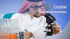  Presentation with chemist - Audience pleasing presentation design consisting of education research - arab chemist working in lab backdrop and a teal colored foreground