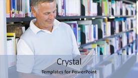  Presentation with library - Slides enhanced with education research - senior man reading background and a  colored foreground