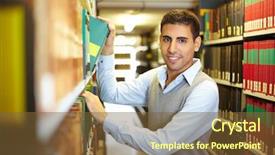  Presentation with library research - Cool new presentation theme with education research - student looking for a book backdrop and a  colored foreground