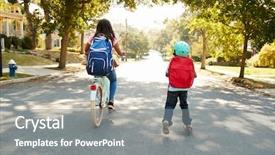  Presentation with scooty bike - Beautiful PPT theme featuring education safety - sister with brother riding scooter backdrop and a gray colored foreground