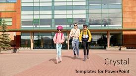  Presentation with school family - Beautiful PPT layouts featuring education school and family concept - happy daughter son and mother riding scooters outdoors backdrop and a coral colored foreground