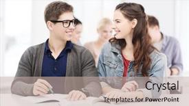  Presentation with teenagers - Amazing PPT theme having education school and people concept - two teenagers with notebooks and book looking at each other at school backdrop and a soft green colored foreground