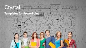  Presentation with brick - PPT theme featuring education school and people concept - group of smiling teenage students with folders and school bags over gray brick wall background with scheme drawing background and a gray colored foreground