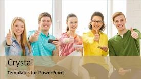  Presentation with technology students - Audience pleasing slide set consisting of education school and technology concept - smiling students with smartphone texting at school backdrop and a coral colored foreground