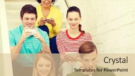  Presentation with technology students - Amazing theme having education school and technology concept - smiling students with smartphone texting at school backdrop and a lemonade colored foreground