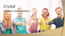  Presentation with school technology - Cool new presentation theme with education school and technology concept - smiling students with tablet pc computers at school backdrop and a sky blue colored foreground