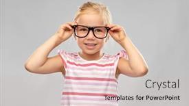  Presentation with education cute - Slide set consisting of education school and vision concept - smiling cute little girl in black glasses over grey background background and a light gray colored foreground