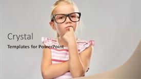  Presentation with education cute - Slide set featuring education school and vision concept - cute little girl in black glasses over grey background background and a soft green colored foreground