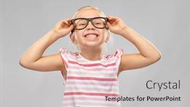  Presentation with education cute - Presentation featuring education school and vision concept - smiling cute little girl in black glasses over grey background background and a light gray colored foreground