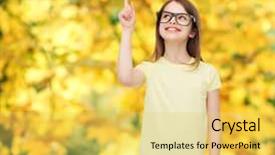  Presentation with education cute - Audience pleasing presentation theme consisting of education school and vision concept - smiling cute little girl in black eyeglasses backdrop and a yellow colored foreground