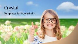 Presentation with education cute - Theme having education school and vision concept - smiling cute little girl with black eyeglasses showing thumbs up gesture background and a light blue colored foreground