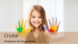  Presentation with school - Presentation consisting of education school art and painitng concept - smiling little student girl showing painted hands at school background and a coral colored foreground