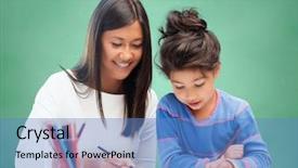  Presentation with chalk board - Amazing theme having education school children creativity and happy people concept - happy teacher and girl drawing over green chalk board background backdrop and a teal colored foreground