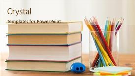  Presentation with crayons - PPT theme with education school creativity and object concept - close up of crayons or color pencils with books stickers and sharpener on wooden table background and a cream colored foreground