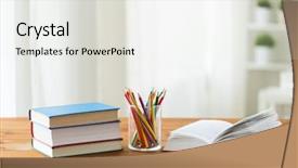  Presentation with crayons - Presentation theme consisting of education school drawing creativity and object concept - close up of crayons or color pencils and books on wooden table background and a light gray colored foreground