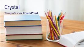  Presentation with color pencils - Audience pleasing slides consisting of education school drawing creativity and object concept - close up of crayons or color pencils and books on wooden table backdrop and a sky blue colored foreground